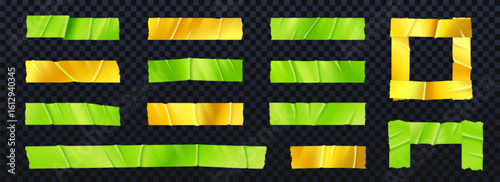 Adhesive tape strips set in bright green and yellow colors - torn sticky pieces, rectangular shapes and square frames for office supplies, scrapbooking or craft projects on transparent background.