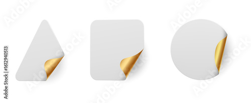 White paper stickers with gold corner peels revealing shiny metallic backing - blank geometric stickers with curled edges. Premium label set for branding, pricing or promotional marketing design