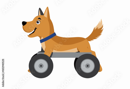 Cartoon dog with wheels happily moving on white background  