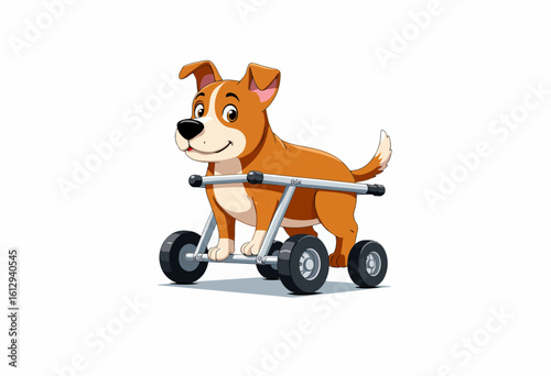 Cartoon dog on wheels happily moving forward with support harness  