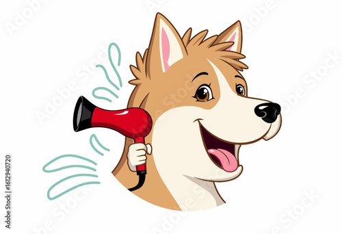 Cartoon dog drying fur with a hairdryer and smiling happily  