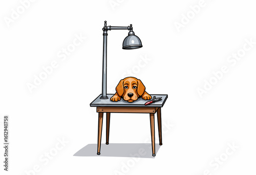 Dog laying its head on table with lamp and drawing tools nearby  