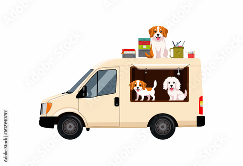 Dogs inside a pet van with colorful items on the roof  