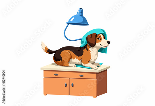 Cartoon dog getting groomed on table with blue light overhead  