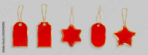 Red gift tags with gold string hanging loops and border - festive shapes of star, oval and rectangle designs. Blank price labels for Christmas presents, retail merchandise or holiday decorations.