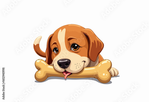 Cartoon dog playing with a chew bone on a white background  