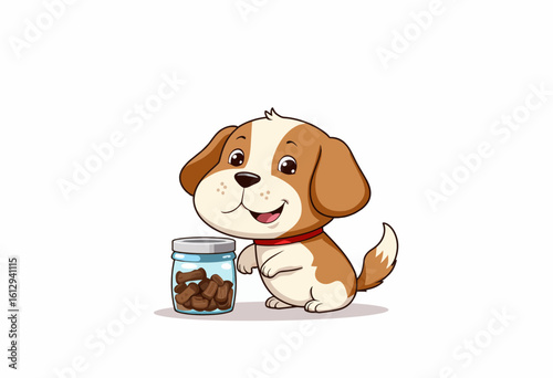 Cartoon dog sitting happily beside jar of treats  