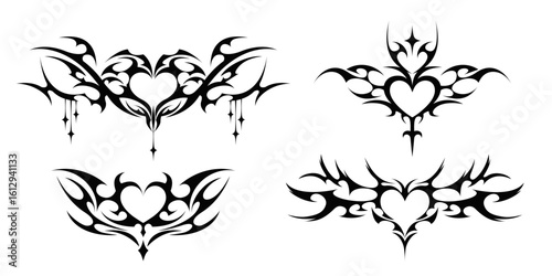 Gothic heart frame designs with tribal wings - black ornamental silhouettes for tattoo art, decorative borders with spiky elements, dark romantic vector graphics for mystical themed projects.