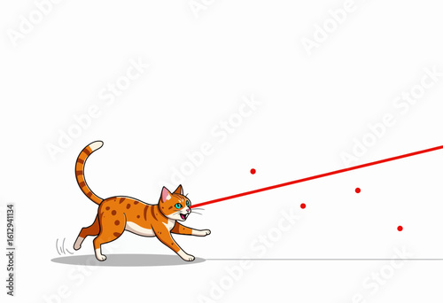 Cartoon cat chasing a red laser dot on white background  