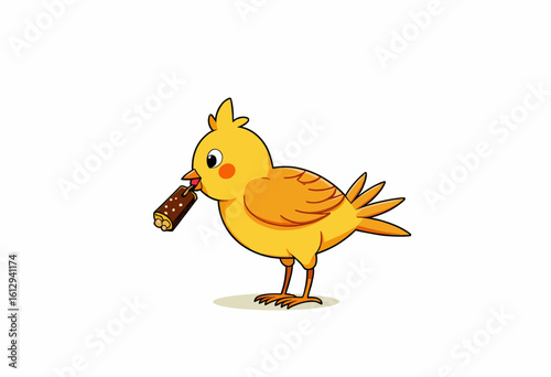 Cartoon yellow bird holding a snack in its beak  