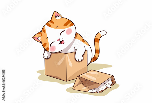 Cute orange cat sleeping in a cardboard box with happy expression  