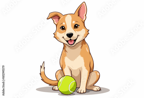 Cartoon dog sitting happily next to a green tennis ball  
