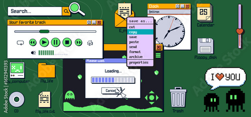 Retro y2k computer desktop interface - nostalgic internet windows of music player, clock widget, loading bars and pixelated icons for vintage web aesthetic, digital collage and millennium era design