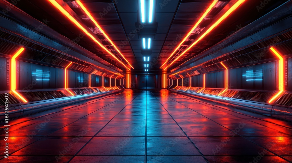 Fototapeta premium Futuristic spaceship corridor, neon lights, reflective floor, technology background, sci-fi setting