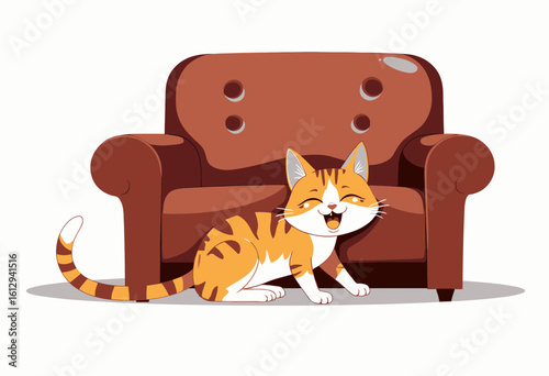 Cartoon cat happily playing near a brown sofa in cozy interior  
