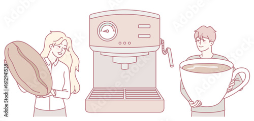 An illustration showing coffee lovers joyfully interacting with their favorite gear and fresh coffee beans