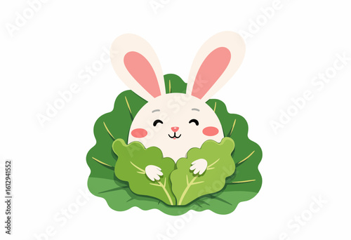 Cute cartoon rabbit hiding behind green cabbage leaves  