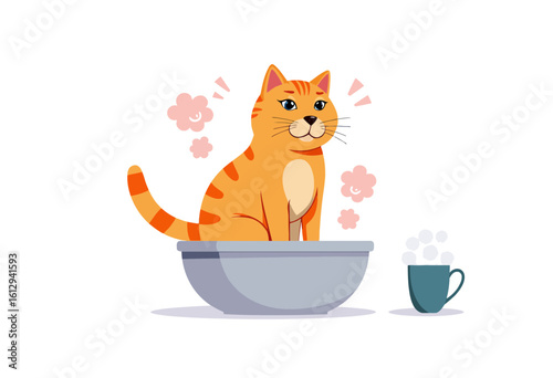 Orange cat sitting in a bowl with steam coming from a cup  