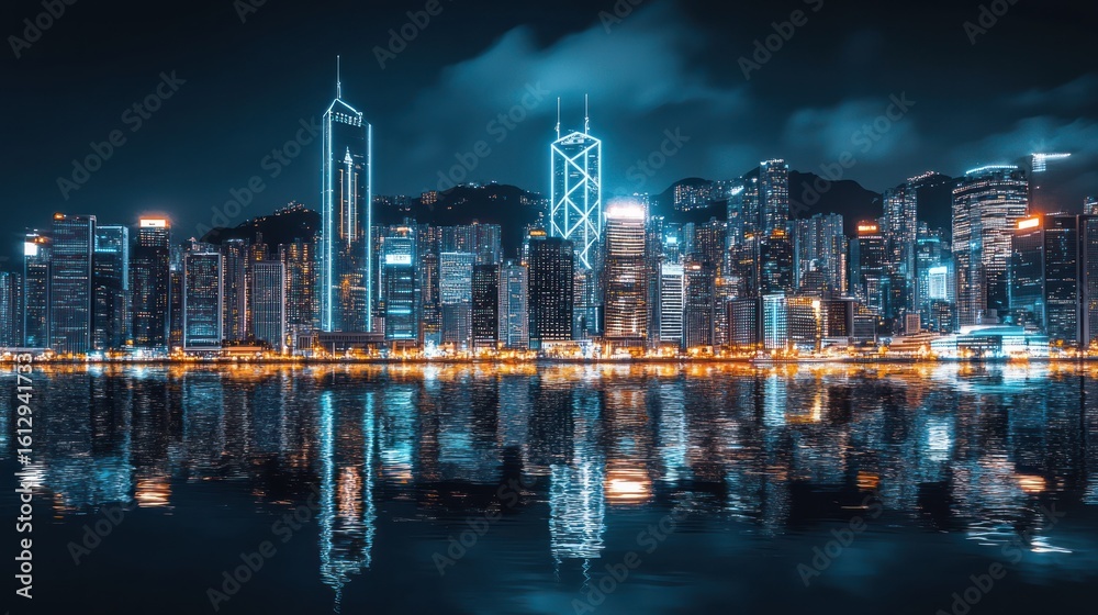 Fototapeta premium Hong Kong cityscape at night, reflections, vibrant lights. Possible use stock photo