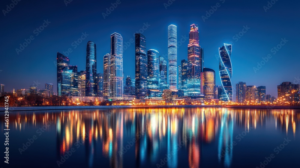 Fototapeta premium Night cityscape reflecting on water, modern architecture, vibrant lights. Possible use Stock photo for city, urban, architecture, night, travel, and commercial purposes