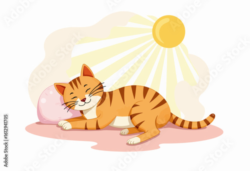 Tabby cat relaxing in sunlight with a pink ball on the ground  