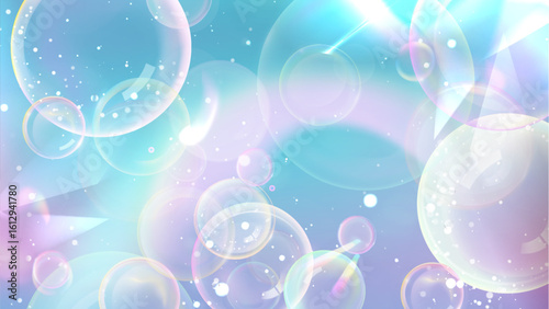 Dreamy iridescent bubble background with sparkle effects - floating soap bubbles in pastel blue and purple gradient, magical light reflections for beauty product presentations and laundry design.