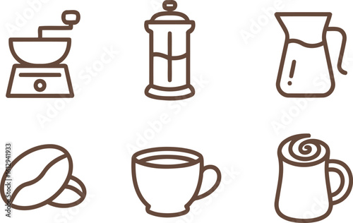 Coffee Preparation and Serving: A brown line icon set showcasing elements of the coffee-making process.