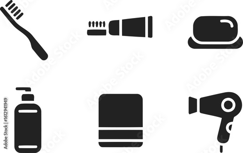 Bathroom and Personal Care Items: A set of essential black silhouette icons for daily hygiene and grooming.