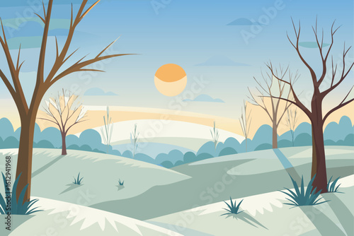 Minimal Winter Sunset Landscape with Bare Trees