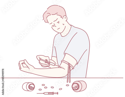 An artistic illustration depicting the complex reality of substance use, showing a person preparing for injection