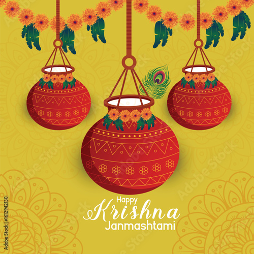 Happy Janmashtami festival of Hanging Dahi Handi celebration background