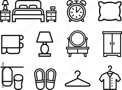 Collection of hotel room amenities and furniture icons in a clean line art style