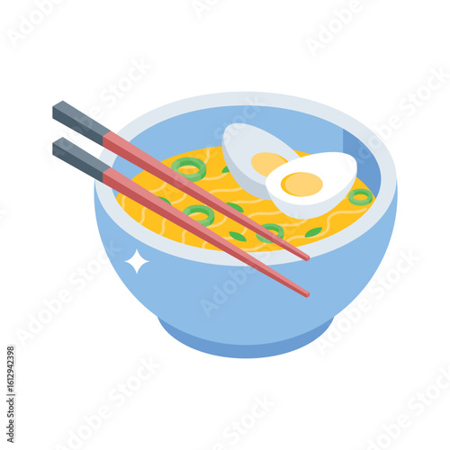 A captivating isometric icon of ramen bowl with chopsticks