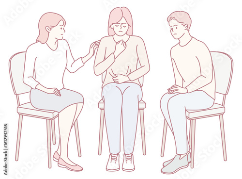 An illustration that depicts a counseling session involving three individuals who are engaged in deep conversation