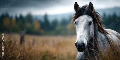 Majestic gray horse standing in a golden field under a moody sky during an autumn afternoon