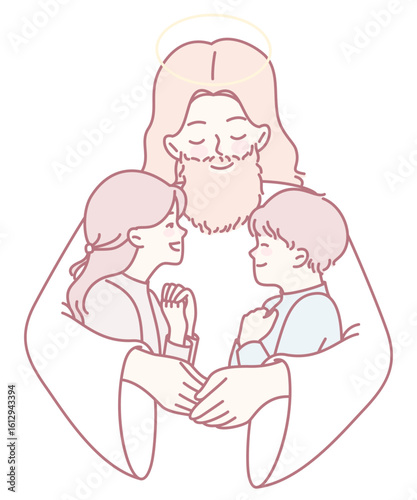 This illustration shows Jesus lovingly embracing two children, symbolizing his deep love and protection for all