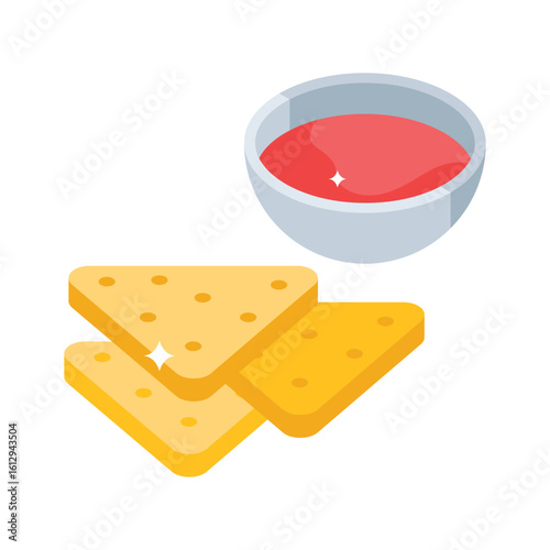 A trendy isometric icon showing nachos with dip
