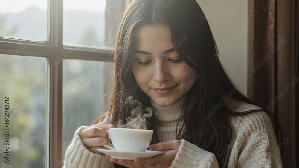 Serene young woman enjoys warm beverage by sunlit window, cozy autumn mood, cream sweater. Serene young woman enjoys warm beverage by sunlit window, cozy autumn mood, cream sweater.