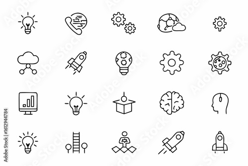 A futuristic line art bundle celebrating the process and symbols of innovation — from ideation to execution. Ideal for business visuals, infographics, and pitch decks