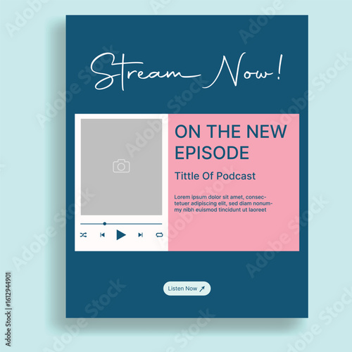 Modern social media post layout for a new podcast episode announcement with a music player