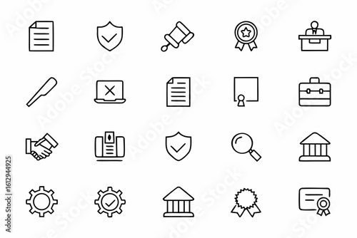 A structured single-line icon set visualizing industry standards and ethical guidelines. Great for whitepapers, regulatory body websites, and finance/legal platforms