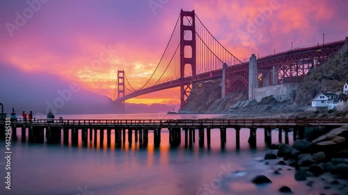 Golden Gate Bridge Sunset Beach Pier, 4k video footage
