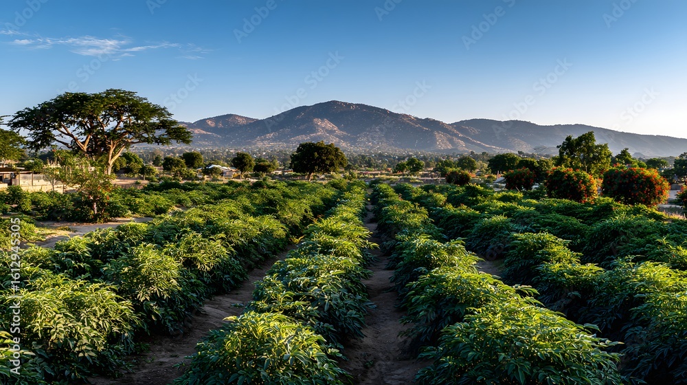 Fototapeta premium Lush green rows of plants stretch across a rural landscape.