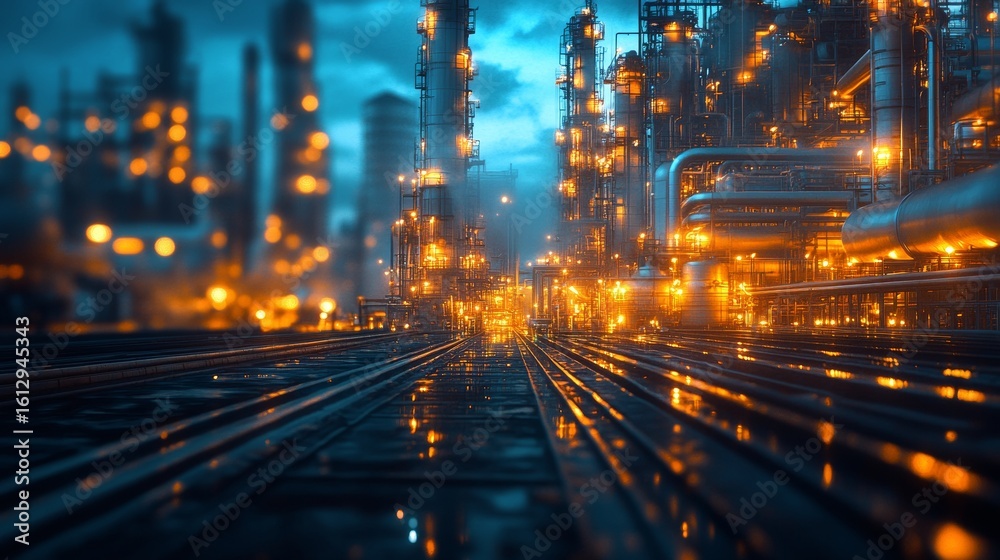 Fototapeta premium Industrial complex illuminated at night showcasing vibrant lights and structures, highlighting modern engineering achievements