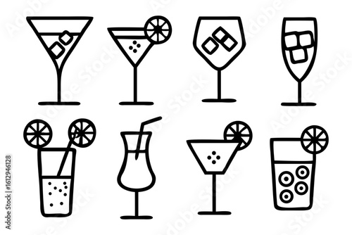 Collection of eight cocktail glasses with ice and fruit isolated on transparent background