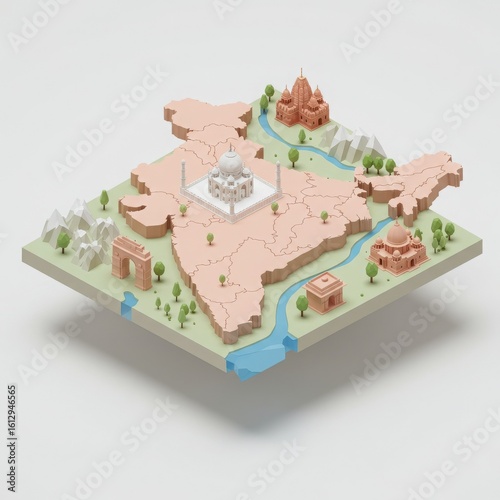3D isometric map of India with cultural and historical landmarks