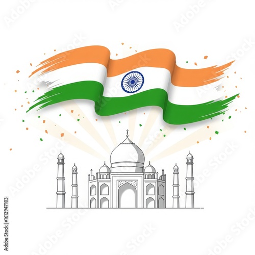 Creative India Independence Day design with Taj Mahal and tricolor flag