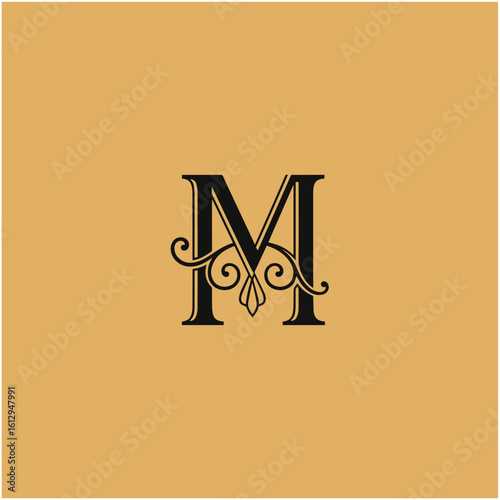 A "M" monogram vintage fashion typography logo, text, ornament, baroque style, design, alphabet	

