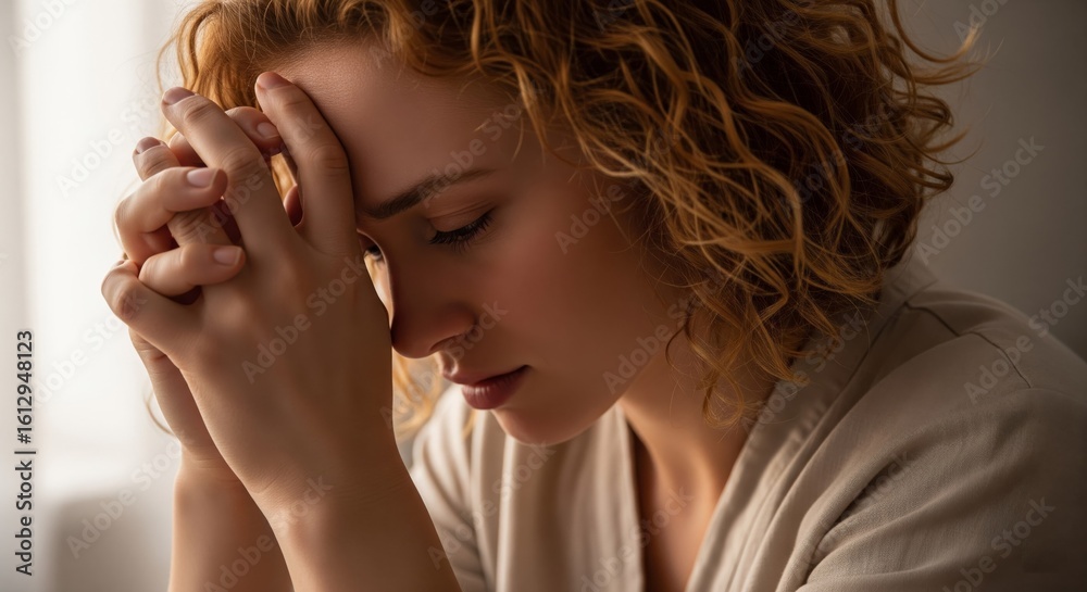 Obraz premium Melancholic Musings: A person with auburn curls, closes their eyes, lost in thought and serenity, their hands clasped in a gesture of contemplative reflection.