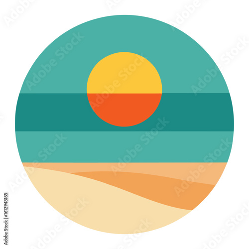 Stylized circular beach scene with sun setting over teal ocean and sandy shore